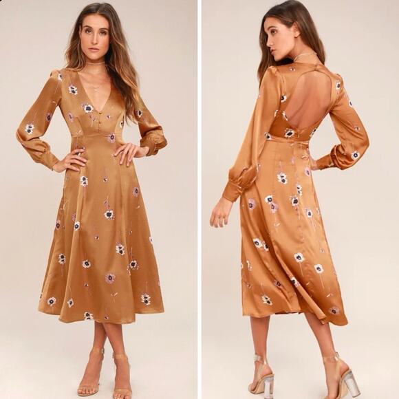 ASTR The Label Dresses & Skirts - ASTR the Label Backless Satin Midi Dress Small Bronze Floral Long Balloon Sleeve